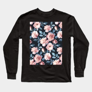 Old Fashioned Moody Roses in Salmon and Blue Grey Long Sleeve T-Shirt